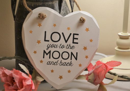 Love You To The Moon And Back With Gold Stars Hanging heart plaque