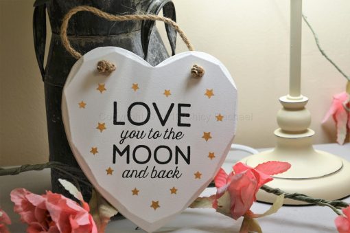 Love You To The Moon And Back With Gold Stars Hanging heart plaque