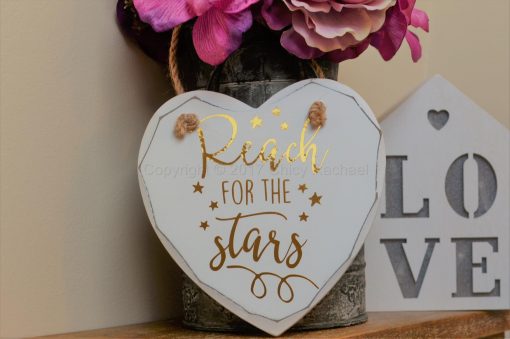 Handmade "Reach For The Stars" Painted Wooden Hanging Heart