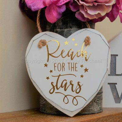 Handmade "Reach For The Stars" Painted Wooden Hanging Heart