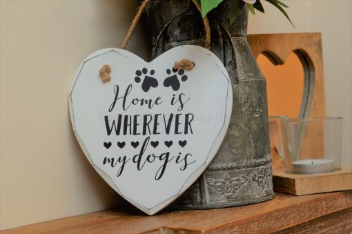 Handmade "Home Is Wherever My Dog Is" Painted Wooden Hanging Heart