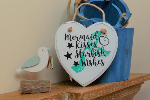 Handmade "Mermaid Kisses & Starfish Wishes" Painted Wooden Hanging Heart