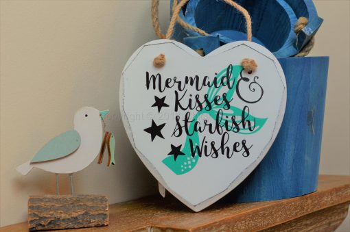 Handmade "Mermaid Kisses & Starfish Wishes" Painted Wooden Hanging Heart