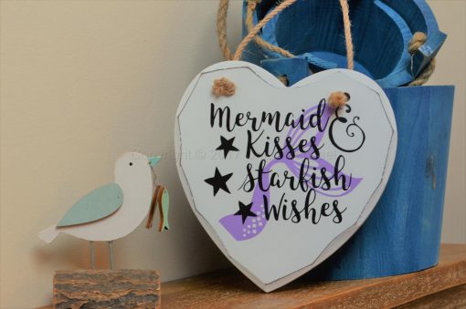 Handmade "Mermaid Kisses & Starfish Wishes" Painted Wooden Hanging Heart