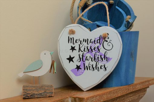 Handmade "Mermaid Kisses & Starfish Wishes" Painted Wooden Hanging Heart