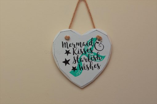 Handmade "Mermaid Kisses & Starfish Wishes" Painted Wooden Hanging Heart